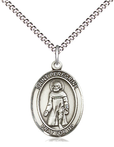 Sterling Silver Saint Peregrine Laziosi Pendant on a 18 inch Light Rhodium Light Curb chain