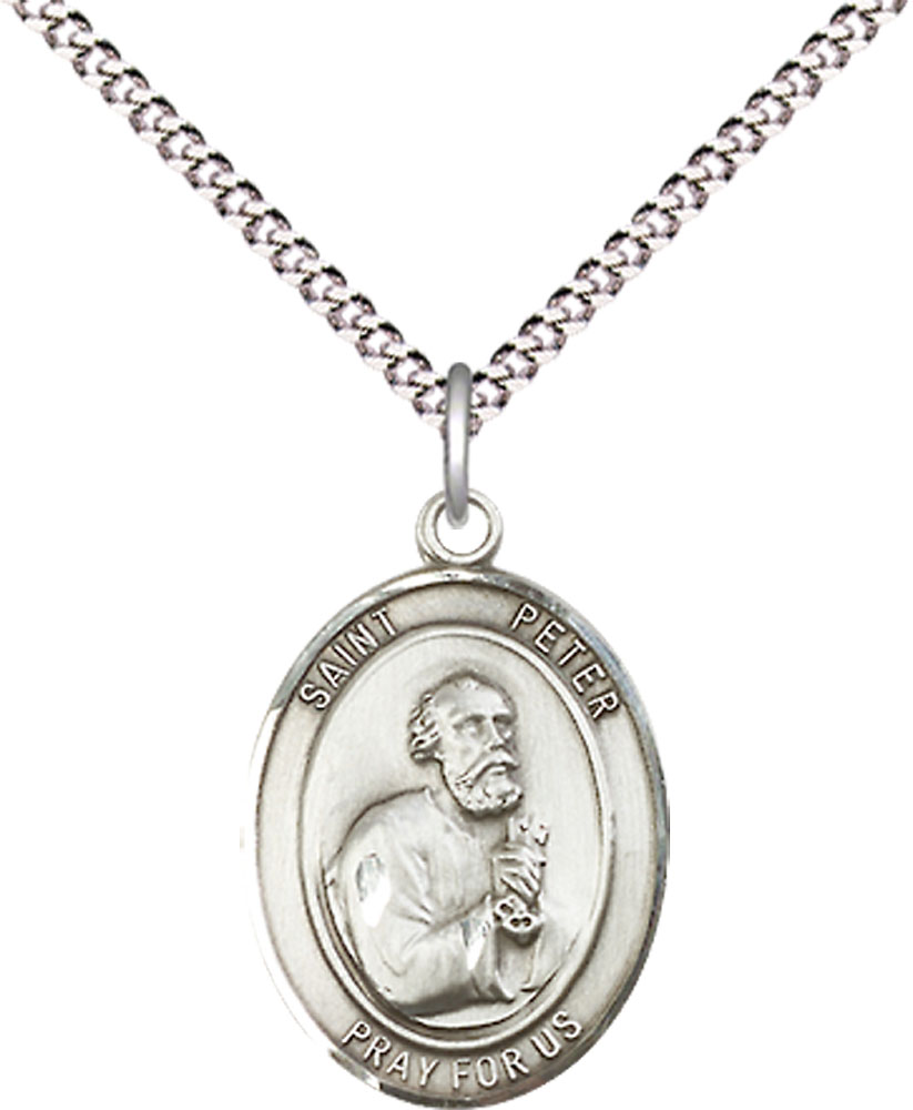 Sterling Silver Saint Peter the Apostle Pendant on a 18 inch Light Rhodium Light Curb chain