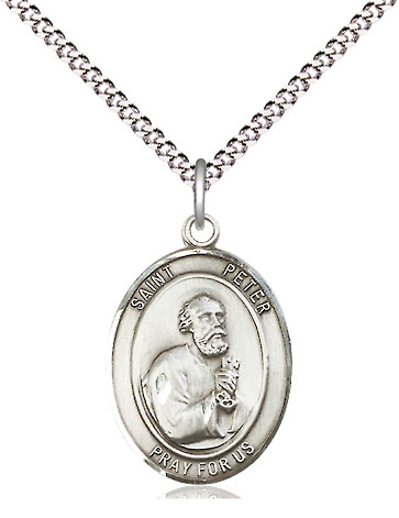 Sterling Silver Saint Peter the Apostle Pendant on a 18 inch Light Rhodium Light Curb chain