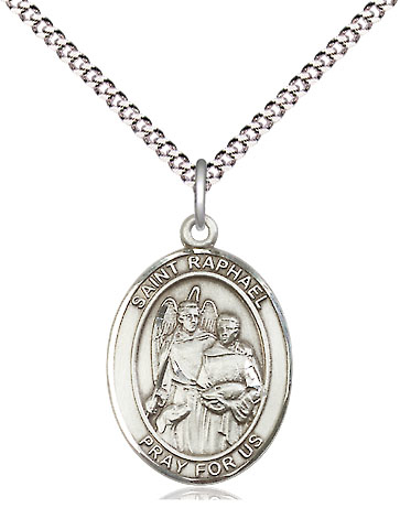 Sterling Silver Saint Raphael the Archangel Pendant on a 18 inch Light Rhodium Light Curb chain