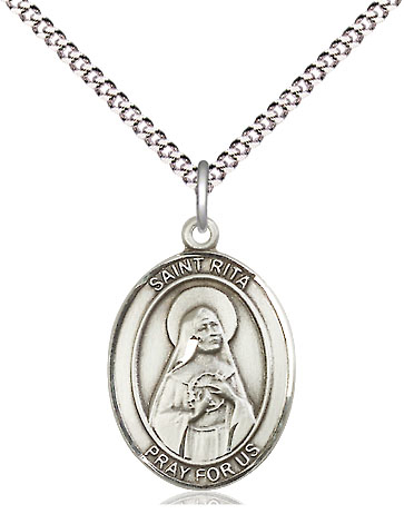 Sterling Silver Saint Rita of Cascia Pendant on a 18 inch Light Rhodium Light Curb chain