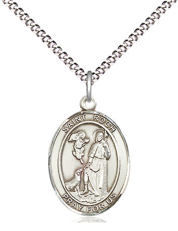 Sterling Silver Saint Roch Pendant on a 18 inch Light Rhodium Light Curb chain