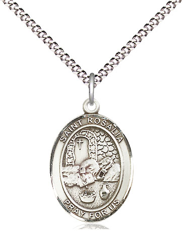 Sterling Silver Saint Rosalia Pendant on a 18 inch Light Rhodium Light Curb chain