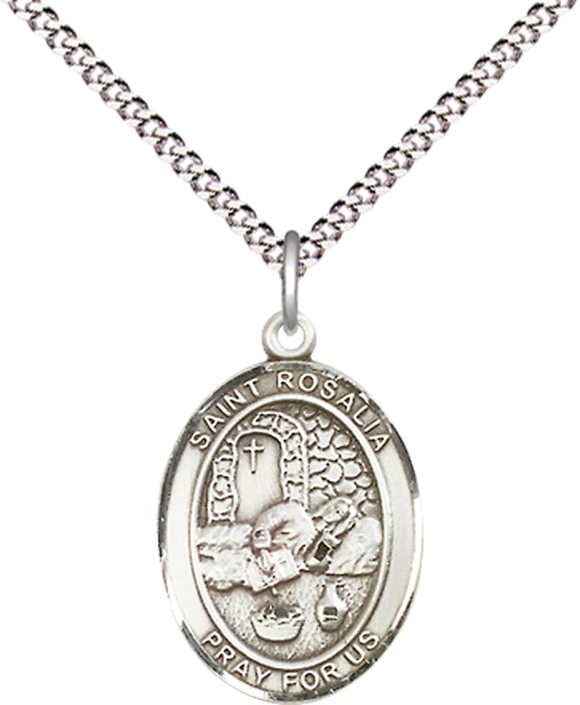 Sterling Silver Saint Rosalia Pendant on a 18 inch Light Rhodium Light Curb chain