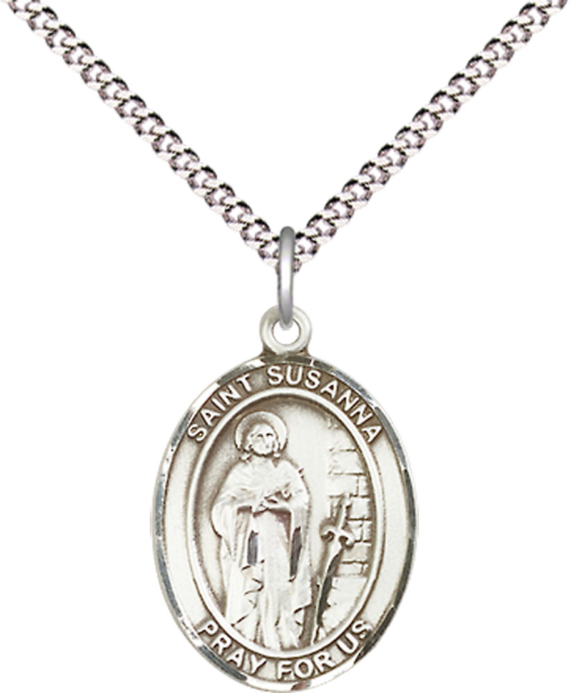 Sterling Silver Saint Susanna Pendant on a 18 inch Light Rhodium Light Curb chain