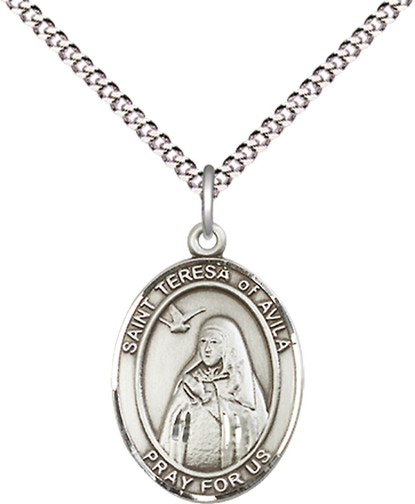 Sterling Silver Saint Teresa of Avila Pendant on a 18 inch Light Rhodium Light Curb chain