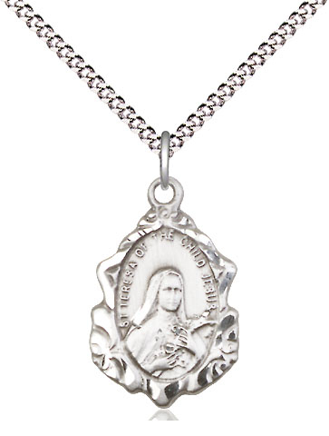 Sterling Silver Saint Theresa Pendant on a 18 inch Light Rhodium Light Curb chain