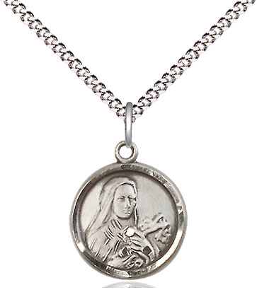 Sterling Silver Saint Theresa Pendant on a 18 inch Light Rhodium Light Curb chain