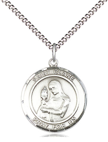 Sterling Silver Saint Clare of Assisi Pendant on a 18 inch Light Rhodium Light Curb chain