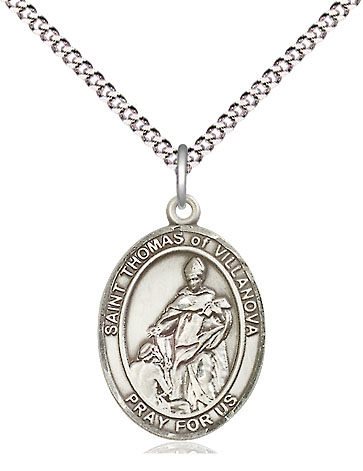 Sterling Silver Saint Thomas of Villanova Pendant on a 18 inch Light Rhodium Light Curb chain