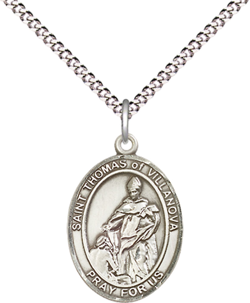 Sterling Silver Saint Thomas of Villanova Pendant on a 18 inch Light Rhodium Light Curb chain
