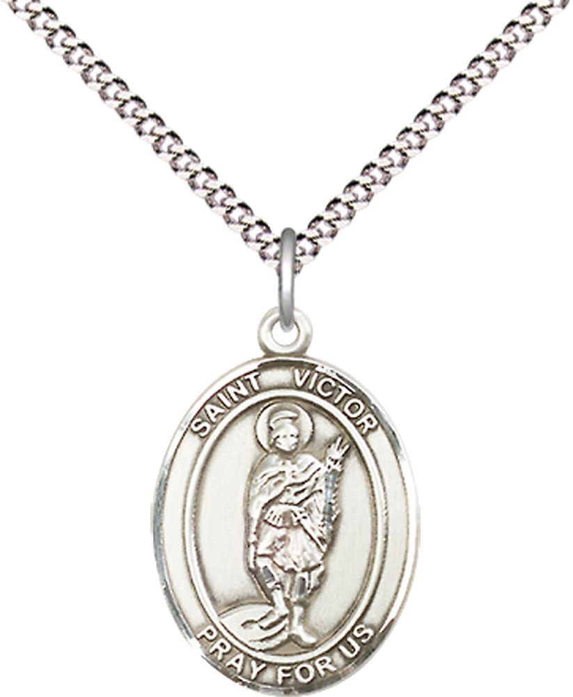 Sterling Silver Saint Victor of Marseilles Pendant on a 18 inch Light Rhodium Light Curb chain