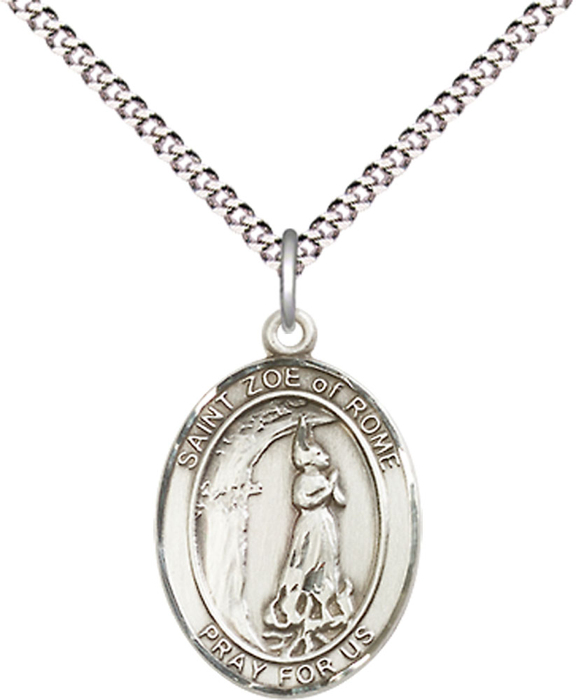 Sterling Silver Saint Zoe of Rome Pendant on a 18 inch Light Rhodium Light Curb chain