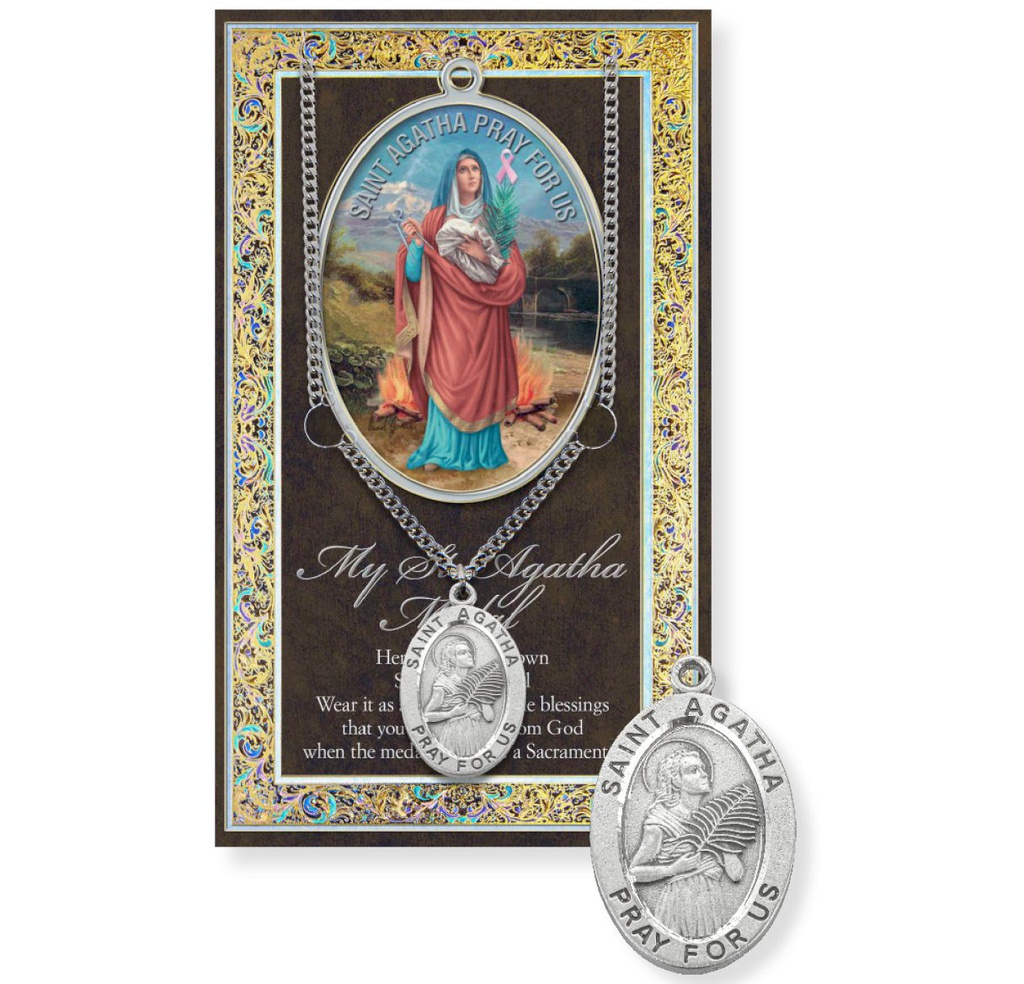 St. Agatha Picture Genuine Pewter Medal on a 24" Chain with Biography and Picture Folder