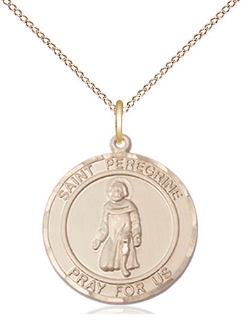 14kt Gold Filled Saint Peregrine Pendant on a 18 inch Gold Filled Light Curb chain