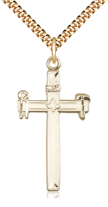 14kt Gold Filled Carpenter Cross Pendant on a 24 inch Gold Plate Heavy Curb chain
