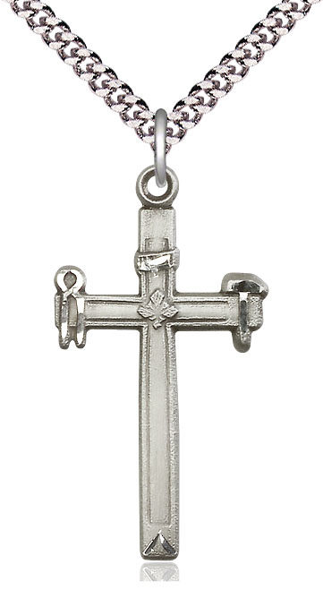 Sterling Silver Carpenter Cross Pendant on a 24 inch Light Rhodium Heavy Curb chain