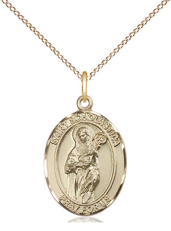 14kt Gold Filled Saint Scholastica Pendant on a 18 inch Gold Filled Light Curb chain