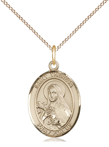 14kt Gold Filled Saint Theresa Pendant on a 18 inch Gold Filled Light Curb chain