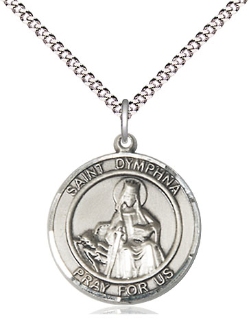 Sterling Silver Saint Dymphna Pendant on a 18 inch Light Rhodium Light Curb chain