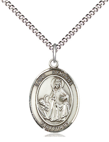 Sterling Silver Saint Dymphna Pendant on a 18 inch Light Rhodium Light Curb chain