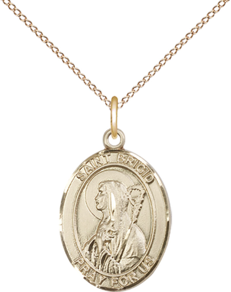 14kt Gold Filled Saint Brigid of Ireland Pendant on a 18 inch Gold Filled Light Curb chain