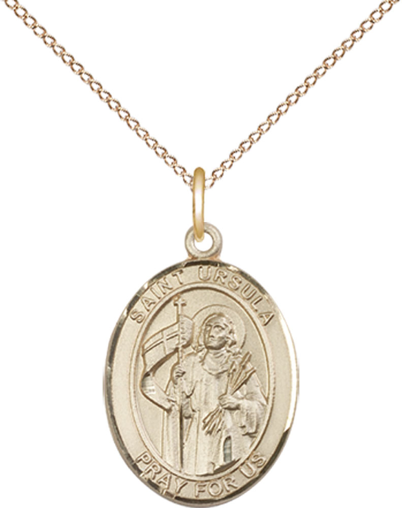14kt Gold Filled Saint Ursula Pendant on a 18 inch Gold Filled Light Curb chain