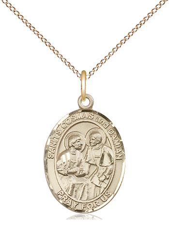 14kt Gold Filled Saints Cosmas &amp; Damian Pendant on a 18 inch Gold Filled Light Curb chain