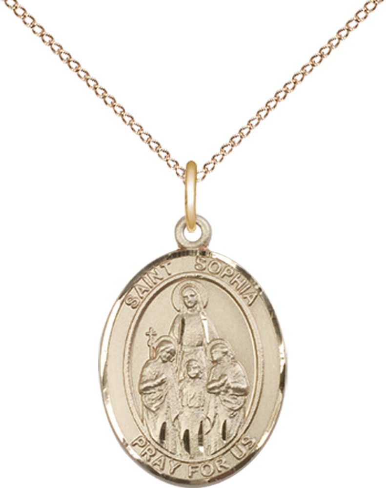 14kt Gold Filled Saint Sophia Pendant on a 18 inch Gold Filled Light Curb chain