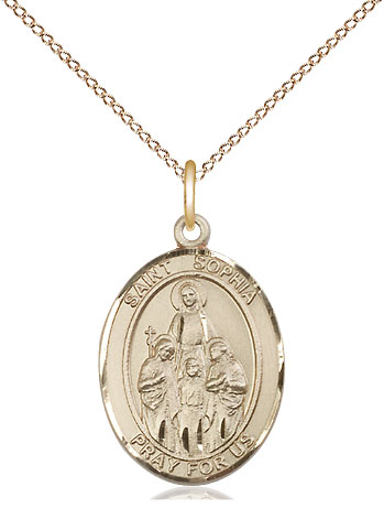 14kt Gold Filled Saint Sophia Pendant on a 18 inch Gold Filled Light Curb chain