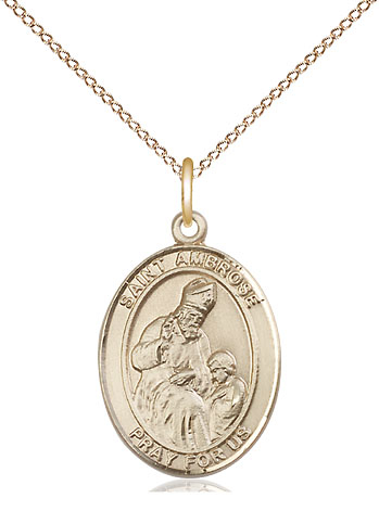14kt Gold Filled Saint Ambrose Pendant on a 18 inch Gold Filled Light Curb chain