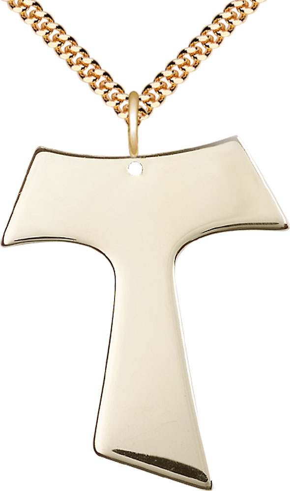 14kt Gold Filled Tau Cross Pendant on a 24 inch Gold Plate Heavy Curb chain