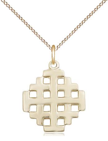 14kt Gold Filled Jerusalem Cross Pendant on a 18 inch Gold Filled Light Curb chain