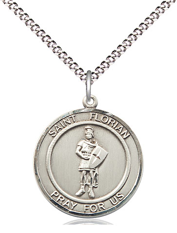 Sterling Silver Saint Florian Pendant on a 18 inch Light Rhodium Light Curb chain