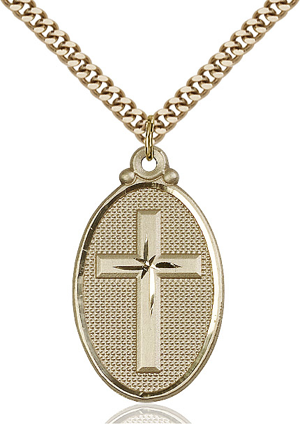 14kt Gold Filled Cross Pendant on a 24 inch Gold Plate Heavy Curb chain