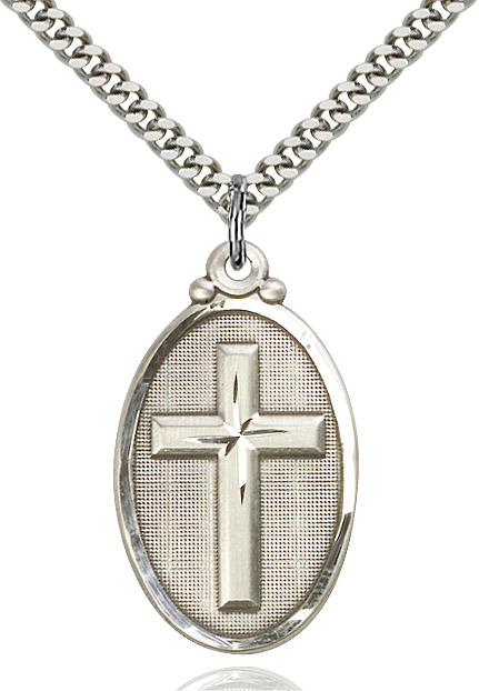 Sterling Silver Cross Pendant on a 24 inch Light Rhodium Heavy Curb chain