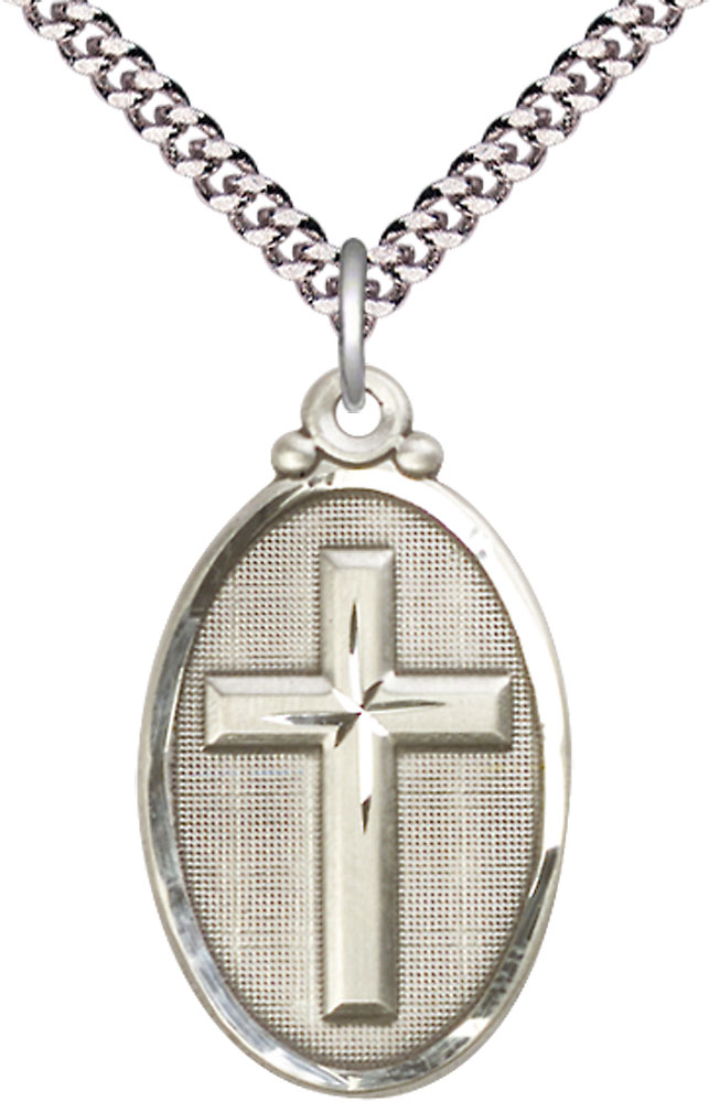 Sterling Silver Cross Pendant on a 24 inch Light Rhodium Heavy Curb chain