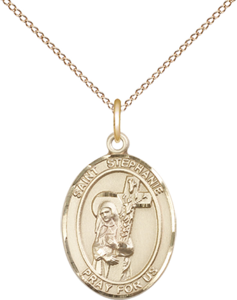 14kt Gold Filled Saint Stephanie Pendant on a 18 inch Gold Filled Light Curb chain