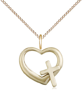 14kt Gold Filled Heart Cross Pendant on a 18 inch Gold Filled Light Curb chain