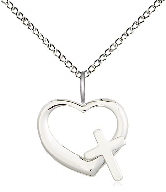 Sterling Silver Heart Cross Pendant on a 18 inch Sterling Silver Light Curb chain