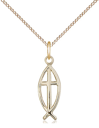 14kt Gold Filled Fish Cross Pendant on a 18 inch Gold Filled Light Curb chain