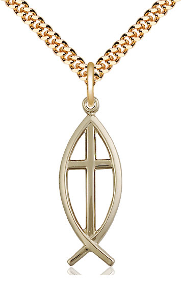 14kt Gold Filled Fish Cross Pendant on a 24 inch Gold Plate Heavy Curb chain