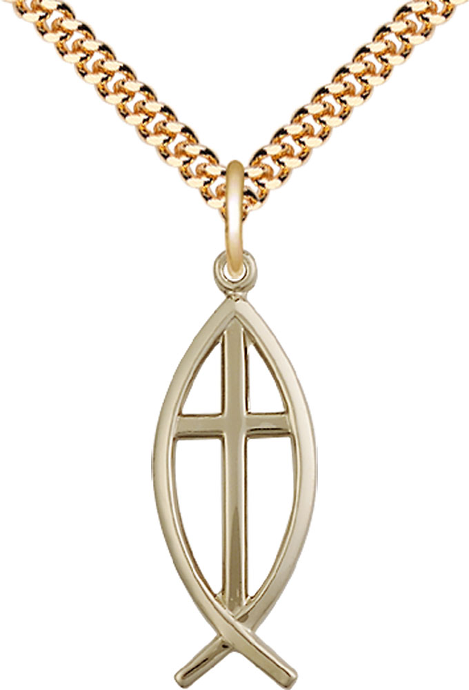14kt Gold Filled Fish Cross Pendant on a 24 inch Gold Plate Heavy Curb chain