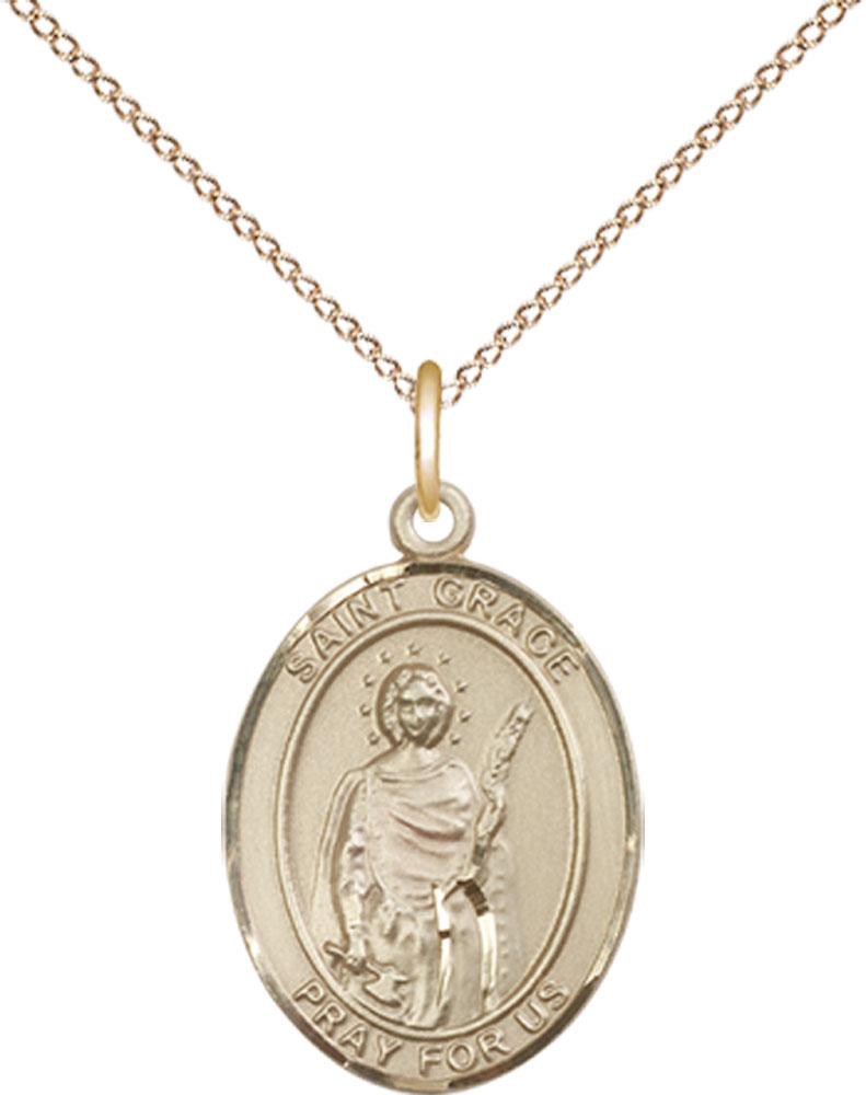 14kt Gold Filled Saint Grace Pendant on a 18 inch Gold Filled Light Curb chain