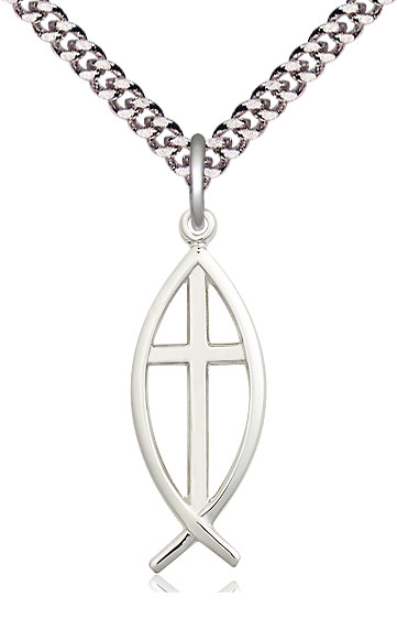 Sterling Silver Fish Cross Pendant on a 24 inch Light Rhodium Heavy Curb chain