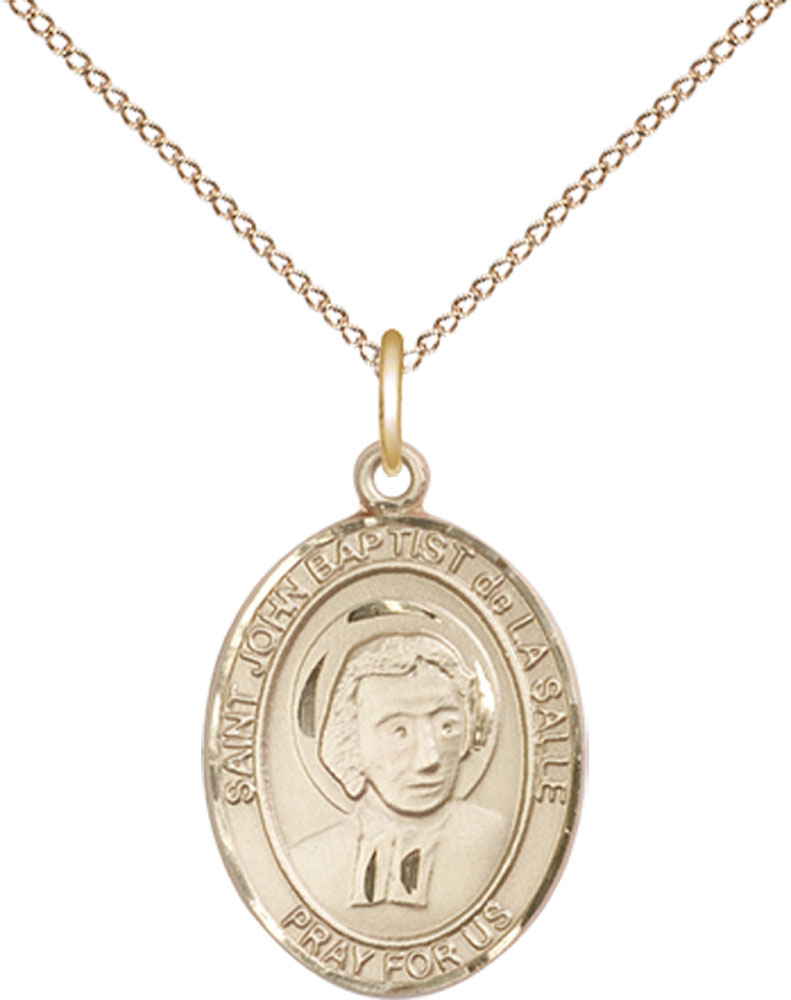 14kt Gold Filled Saint John Baptist de la Salle Pendant on a 18 inch Gold Filled Light Curb chain