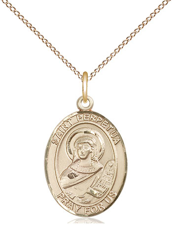 14kt Gold Filled Saint Perpetua Pendant on a 18 inch Gold Filled Light Curb chain