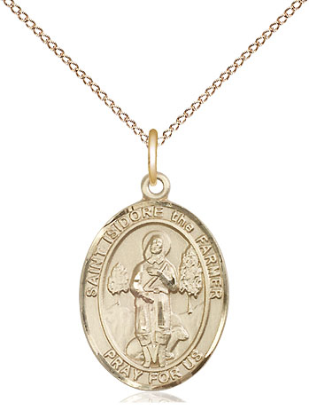 14kt Gold Filled Saint Isidore the Farmer Pendant on a 18 inch Gold Filled Light Curb chain