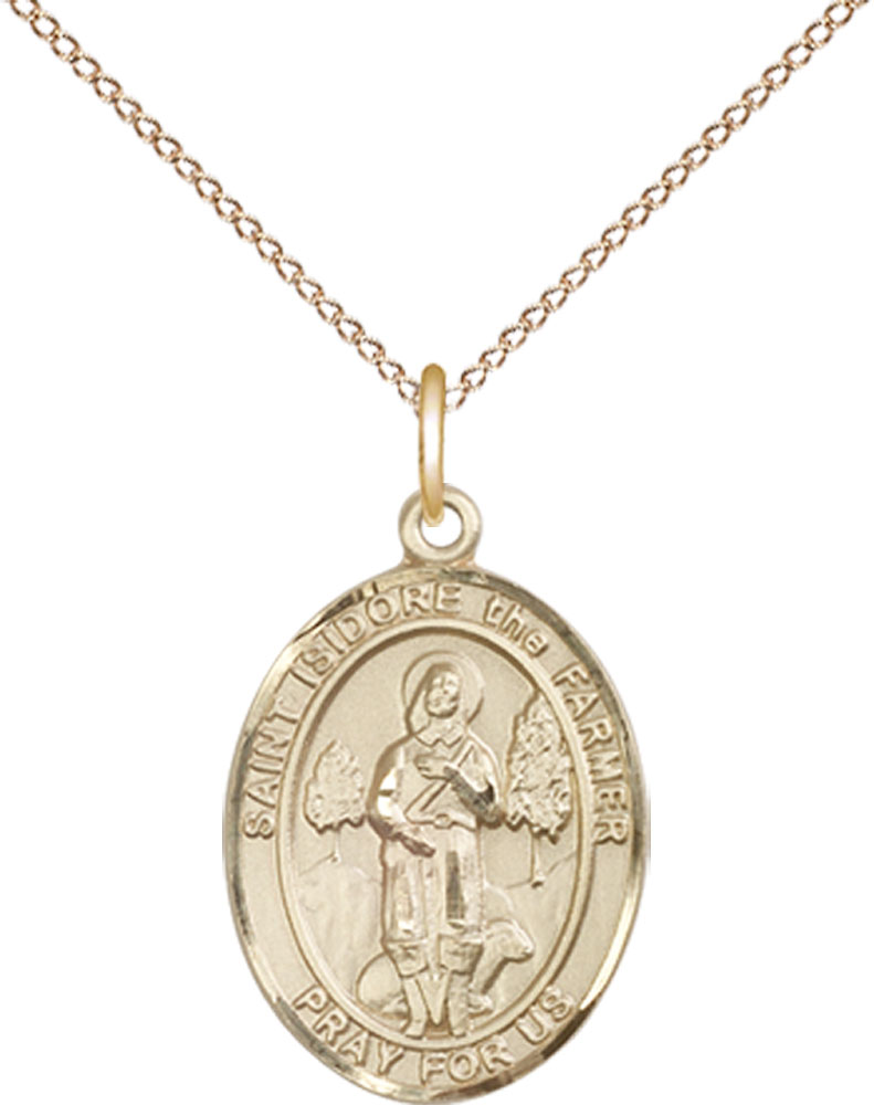 14kt Gold Filled Saint Isidore the Farmer Pendant on a 18 inch Gold Filled Light Curb chain
