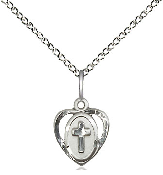 Sterling Silver Heart Cross Pendant on a 18 inch Sterling Silver Light Curb chain